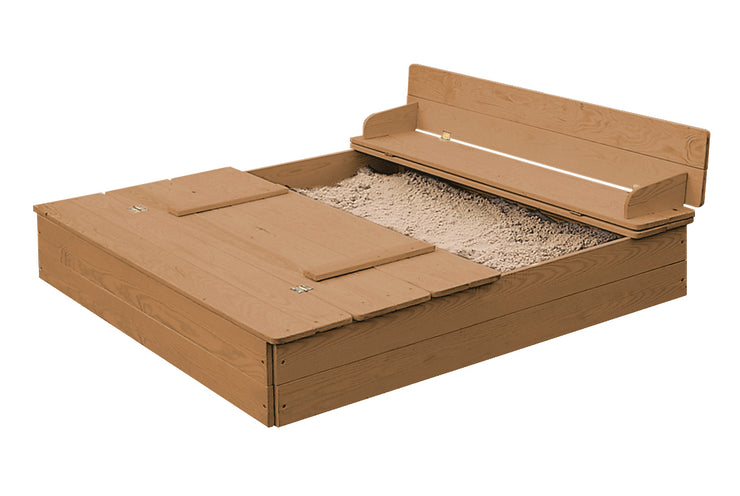 Sandpit folds out to form 2 benches, solid wood, weatherproof, teak-colored, 21.5 x 127 x 123.5 cm