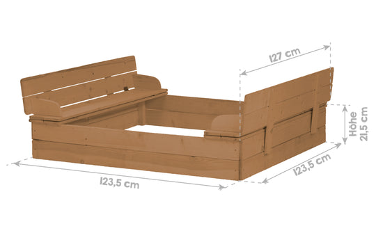 Sandkasten aufklappbar zu 2 Bänken, Massivholz, wetterfest, teakholzfarben, 21,5 x 127 x 123,5 cm