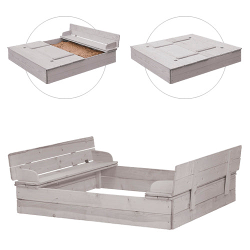 Arenero con tapa que se puede abrir para formar 2 bancos, madera maciza, resistente a la intemperie, gris, 21,5 x 127 x 123,5 cm