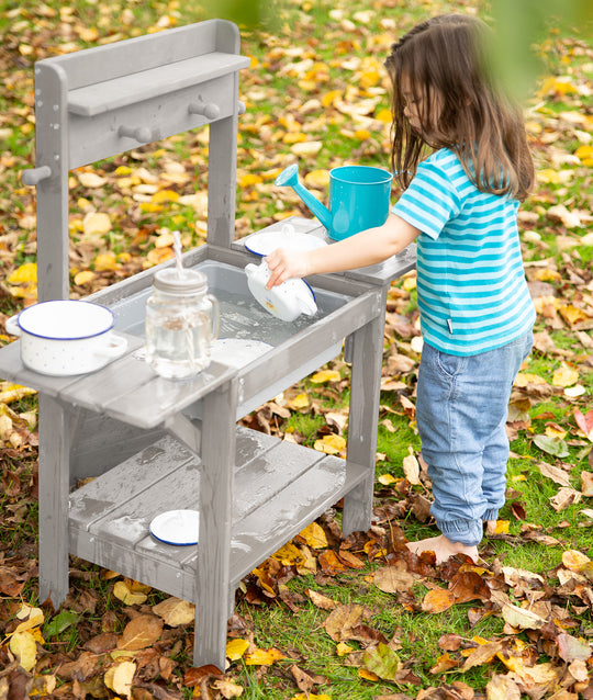 Cucina da giardino 'Midi' per bambini, per acqua e sabbia, in legno massello resistente alle intemperie, grigia