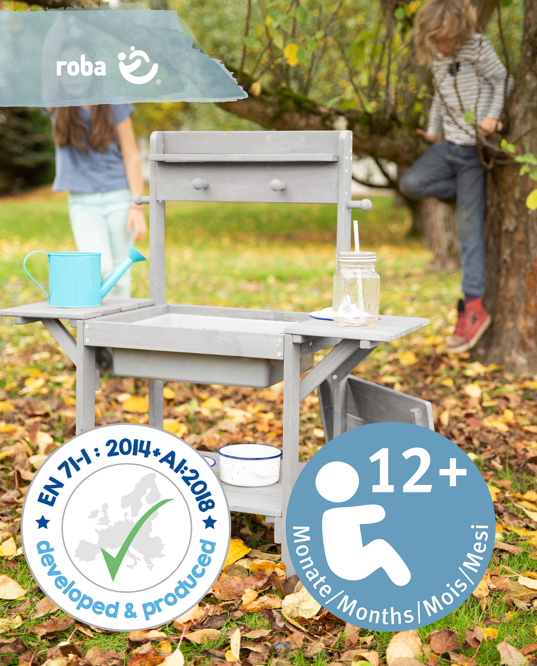 Cucina da giardino 'Midi' per bambini, per acqua e sabbia, in legno massello resistente alle intemperie, grigia