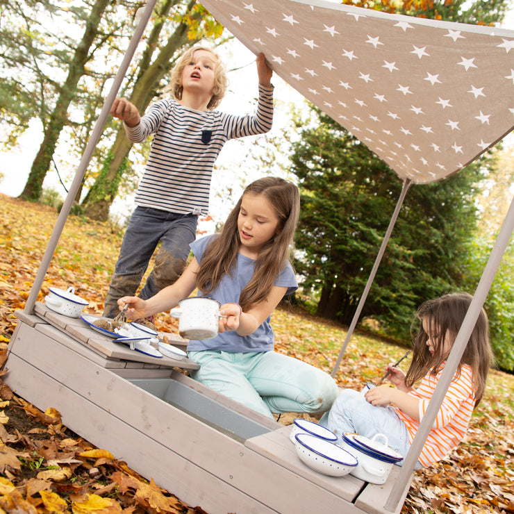 Sabbiera a forma di nave "Ship", sabbiera per bambini in giardino in legno massiccio resistente alle intemperie, con tetto apribile