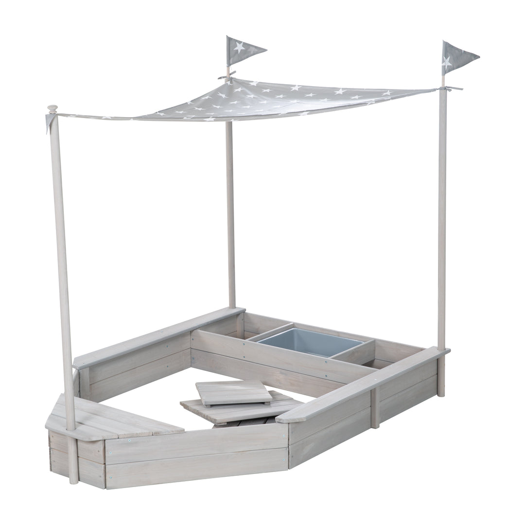 Sandkasten 'Schiff', Kinder-Outdoor-Sandkasten aus wetterfestem Massivholz, inkl. Sonnendach