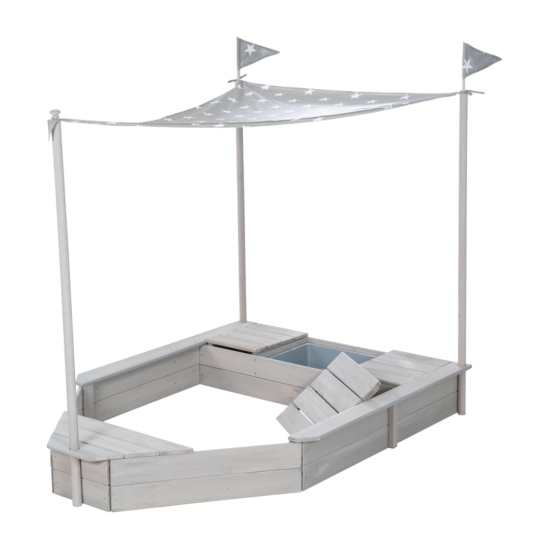Sandkasten 'Schiff', Kinder-Outdoor-Sandkasten aus wetterfestem Massivholz, inkl. Sonnendach