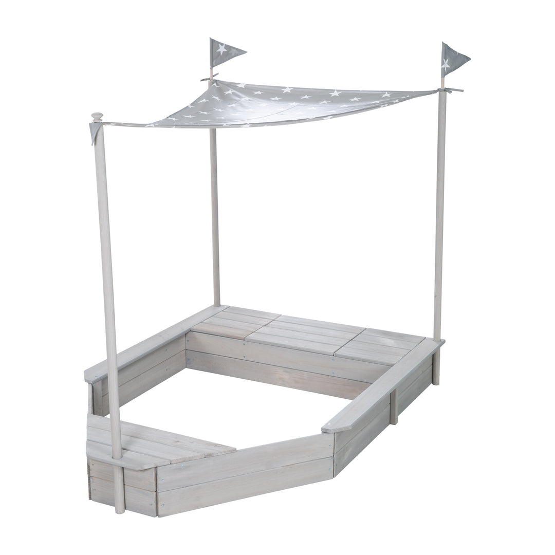 Sandkasten 'Schiff', Kinder-Outdoor-Sandkasten aus wetterfestem Massivholz, inkl. Sonnendach