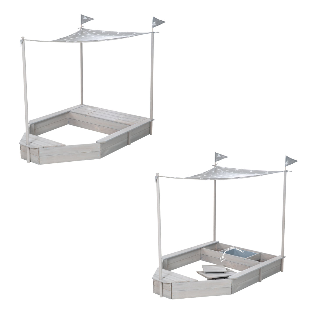 Sandkasten 'Schiff', Kinder-Outdoor-Sandkasten aus wetterfestem Massivholz, inkl. Sonnendach