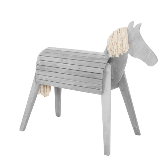 Voltigier- & Outdoor-Pferd, Massivholz grau lasiert, Gartenpferd mit Mähne & Schweif