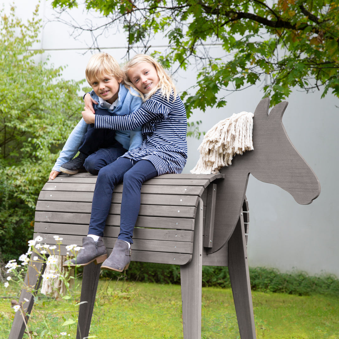 Voltigier- & Outdoor-Pferd, Massivholz grau lasiert, Gartenpferd mit Mähne & Schweif