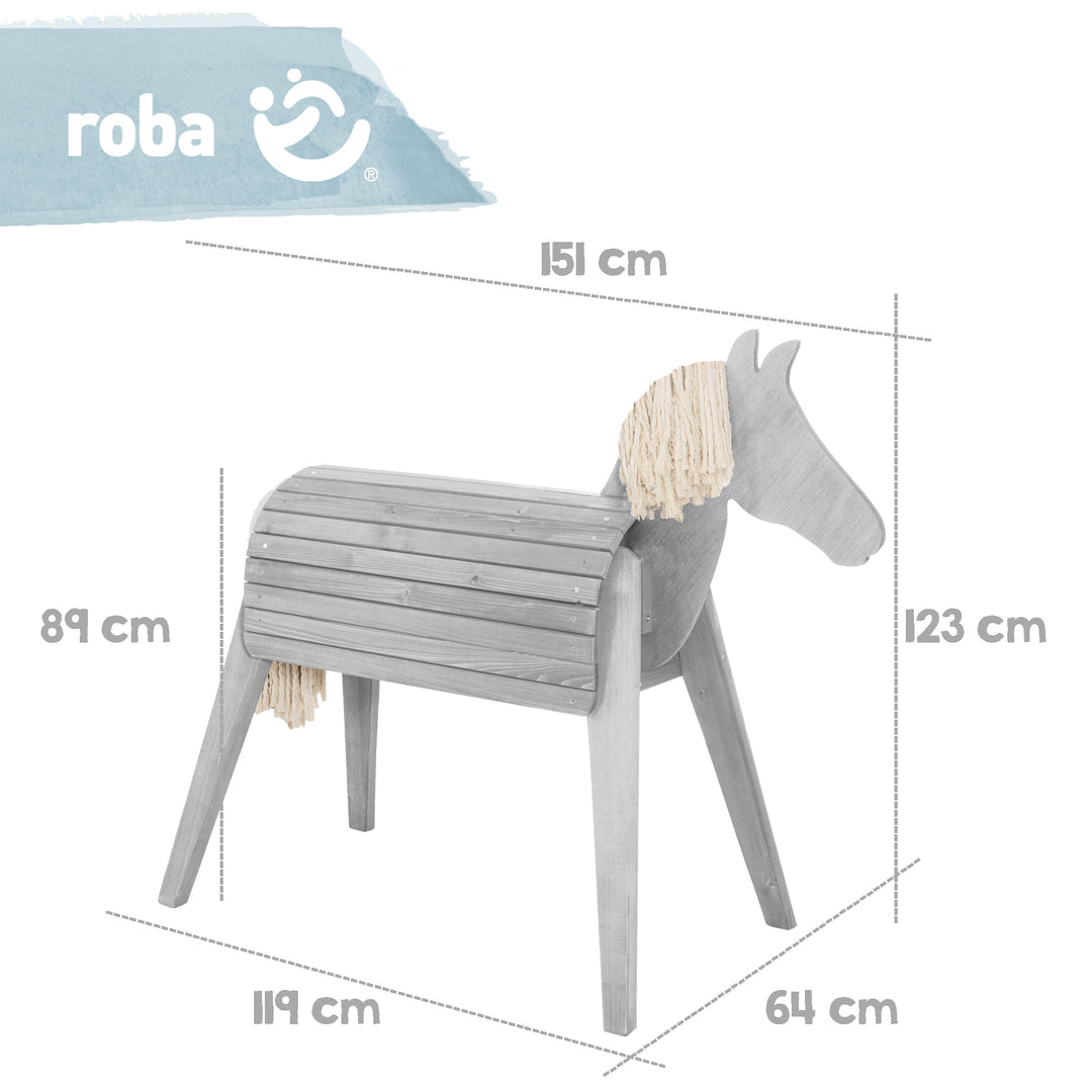 Voltigier- & Outdoor-Pferd, Massivholz grau lasiert, Gartenpferd mit Mähne & Schweif