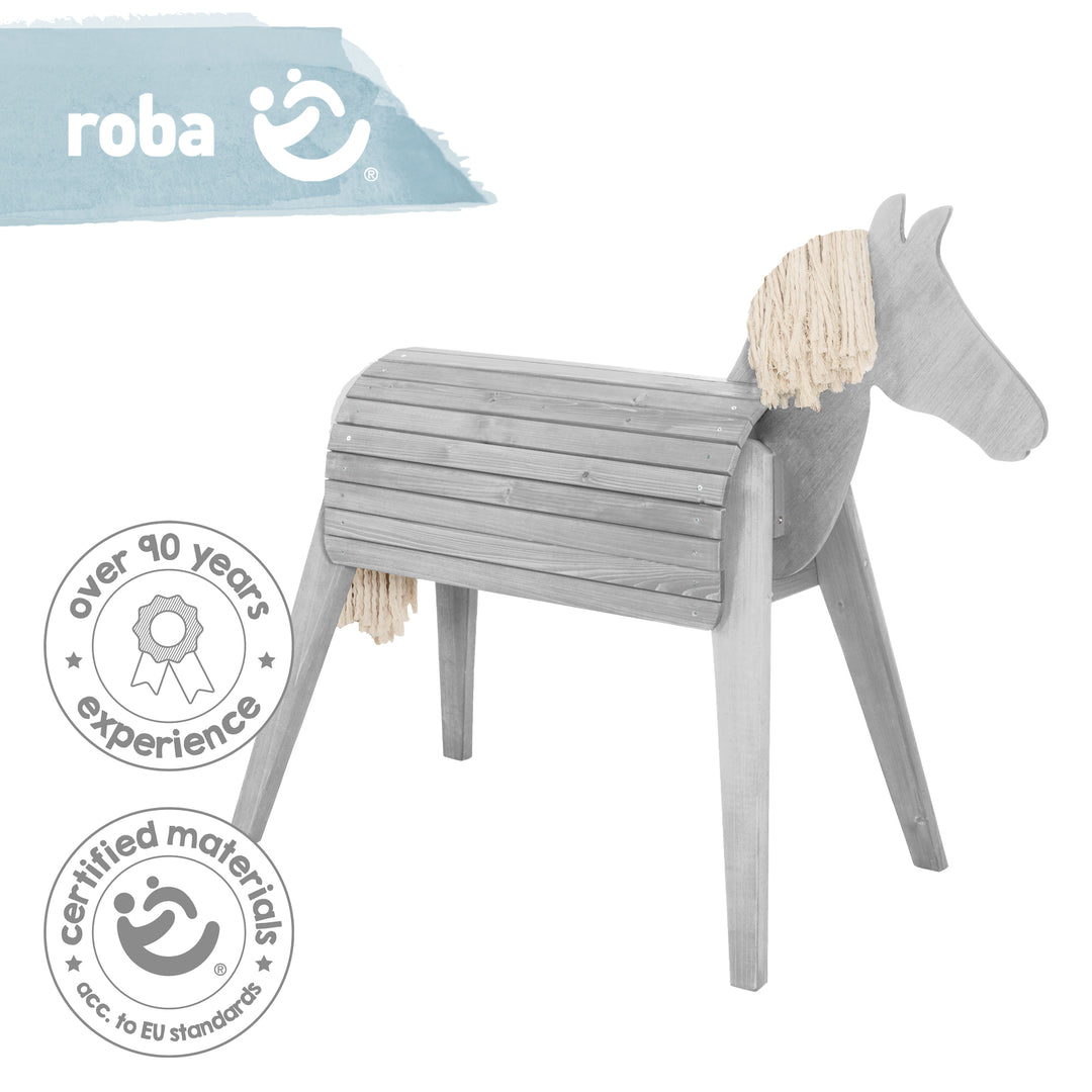 Voltigier- & Outdoor-Pferd, Massivholz grau lasiert, Gartenpferd mit Mähne & Schweif