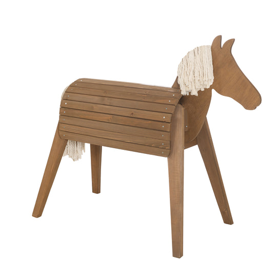 Caballo para volteo y exterior, madera maciza color teca, caballo de jardín con crin y cola