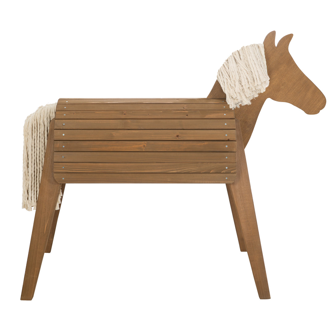Caballo para volteo y exterior, madera maciza color teca, caballo de jardín con crin y cola