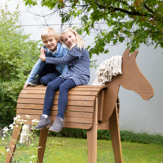 Caballo para volteo y exterior, madera maciza color teca, caballo de jardín con crin y cola