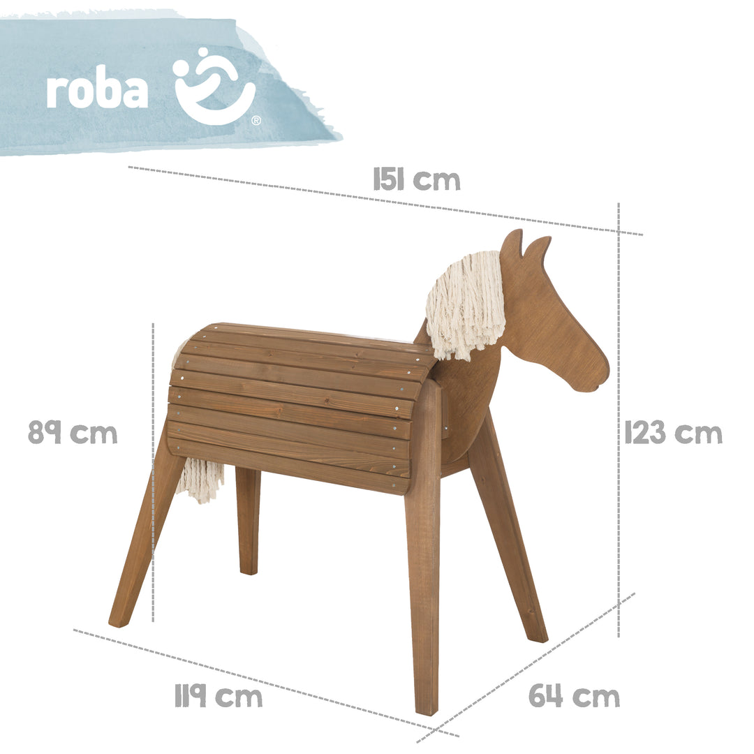 Caballo para volteo y exterior, madera maciza color teca, caballo de jardín con crin y cola
