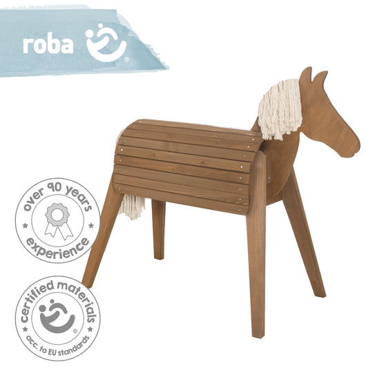 Caballo para volteo y exterior, madera maciza color teca, caballo de jardín con crin y cola