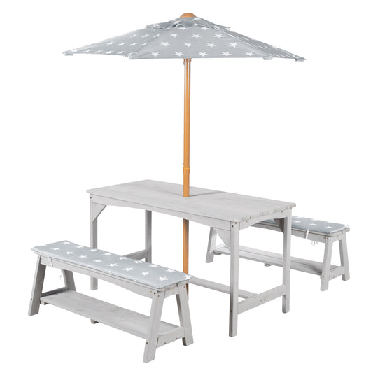 Conjunto de asientos Outdoor+ 1 mesa, 2 bancos, sombrilla y cojines 'Little Stars' - Gris