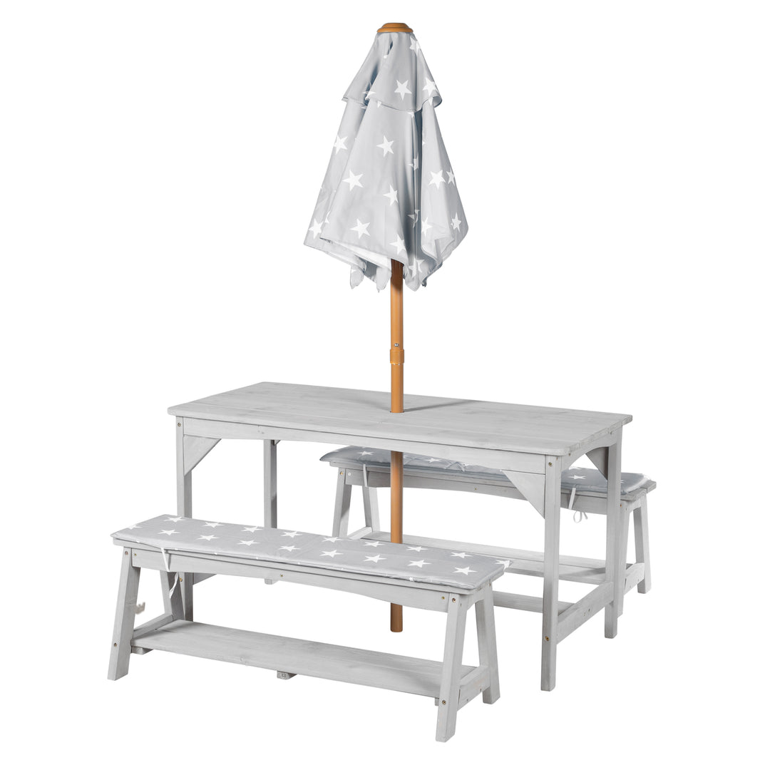 Conjunto de asientos Outdoor+ 1 mesa, 2 bancos, sombrilla y cojines 'Little Stars' - Gris
