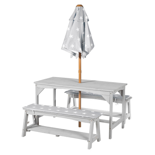 Conjunto de asientos Outdoor+ 1 mesa, 2 bancos, sombrilla y cojines 'Little Stars' - Gris