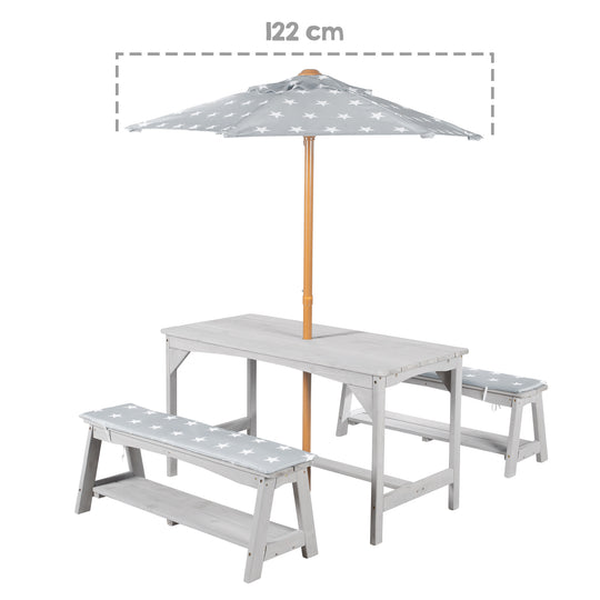 Conjunto de asientos Outdoor+ 1 mesa, 2 bancos, sombrilla y cojines 'Little Stars' - Gris