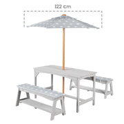 Ensemble de sièges Outdoor+ 1 table, 2 bancs, parasol & coussins 'Little Stars' - Gris