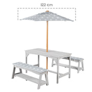 Sitzgruppe Outdoor+ 1 Tisch, 2 Bänke, Sonnenschirm & Sitzauflagen 'Little Stars' - Grau