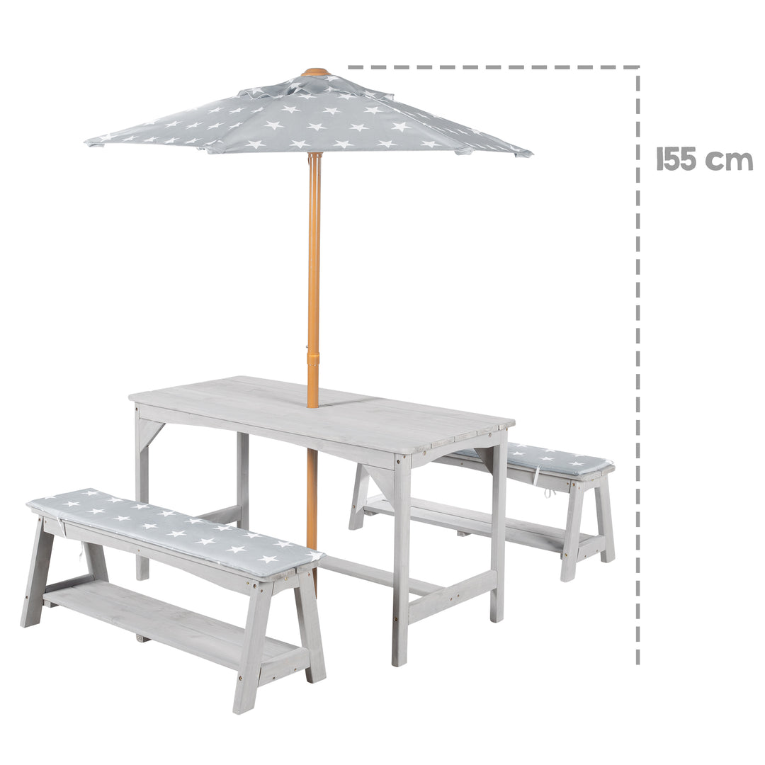 Conjunto de asientos Outdoor+ 1 mesa, 2 bancos, sombrilla y cojines 'Little Stars' - Gris