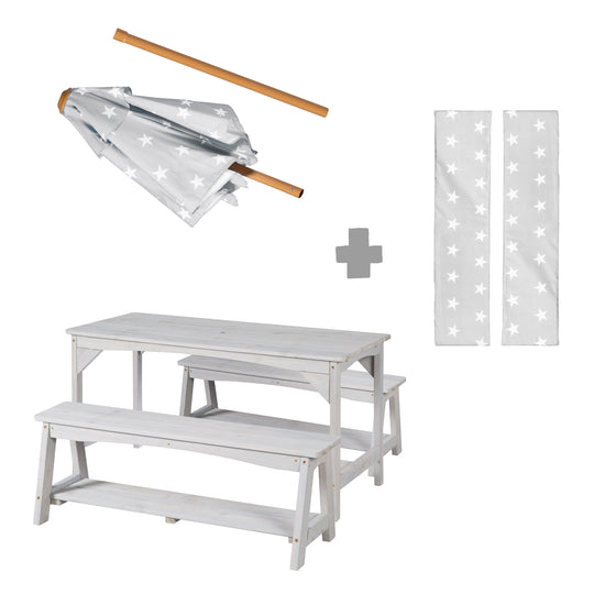 Conjunto de asientos Outdoor+ 1 mesa, 2 bancos, sombrilla y cojines 'Little Stars' - Gris