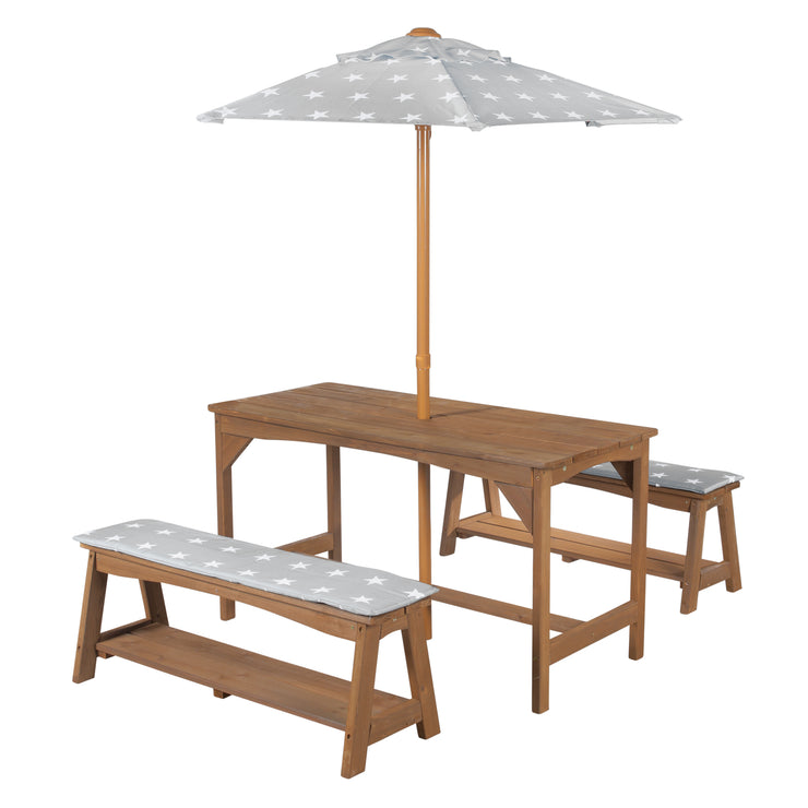 Sitzgruppe Outdoor+ 1 Tisch, 2 Bänke, Sonnenschirm & Sitzauflagen 'Little Stars' - Teak