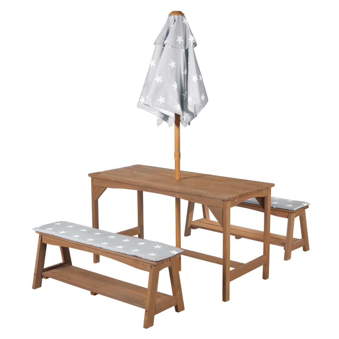 Outdoor Seating Group+ 1 Table, 2 Benches, Parasol & Seat Cushions 'Little Stars' - Teak