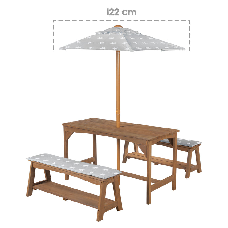 Conjunto de Asientos de Exterior + 1 Mesa, 2 Bancos, Sombrilla y Cojines de Asiento 'Little Stars' - Teca