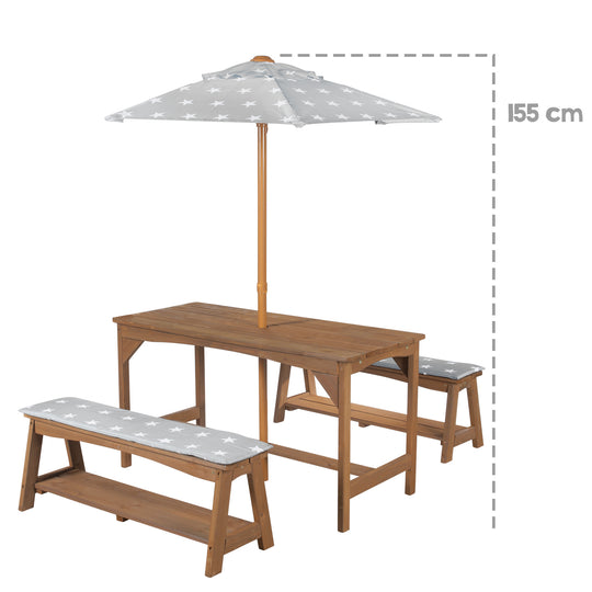 Outdoor Seating Group+ 1 Table, 2 Benches, Parasol & Seat Cushions 'Little Stars' - Teak
