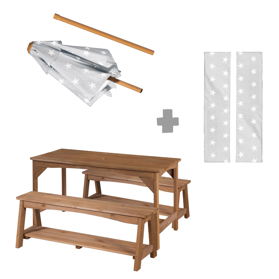 Outdoor Seating Group+ 1 Table, 2 Benches, Parasol & Seat Cushions 'Little Stars' - Teak