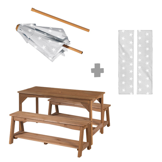 Outdoor Seating Group+ 1 Table, 2 Benches, Parasol & Seat Cushions 'Little Stars' - Teak