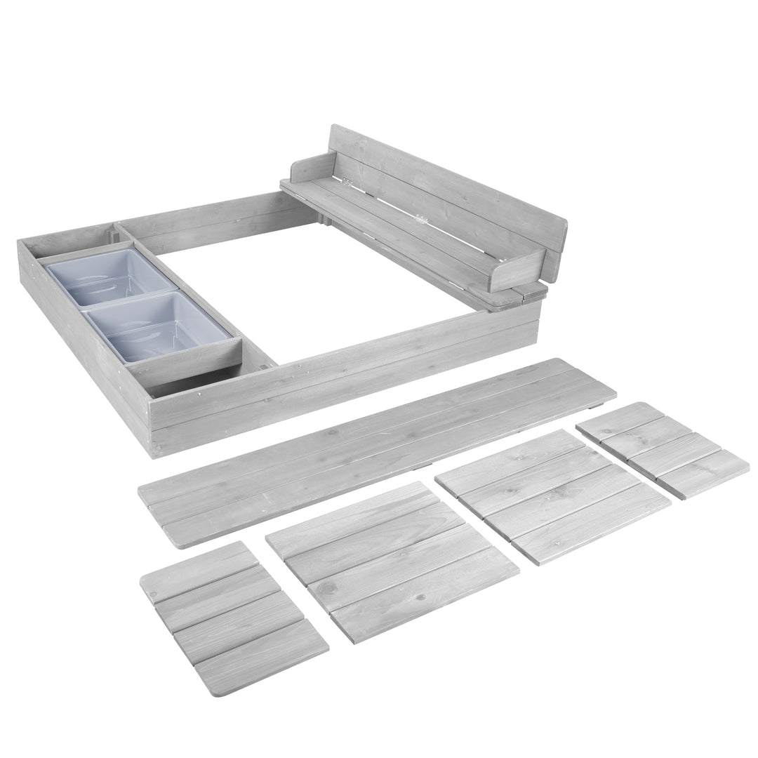 Bac à sable 'Outdoor +' lasuré gris, banc rabattable & 2 bacs de jeu inclus