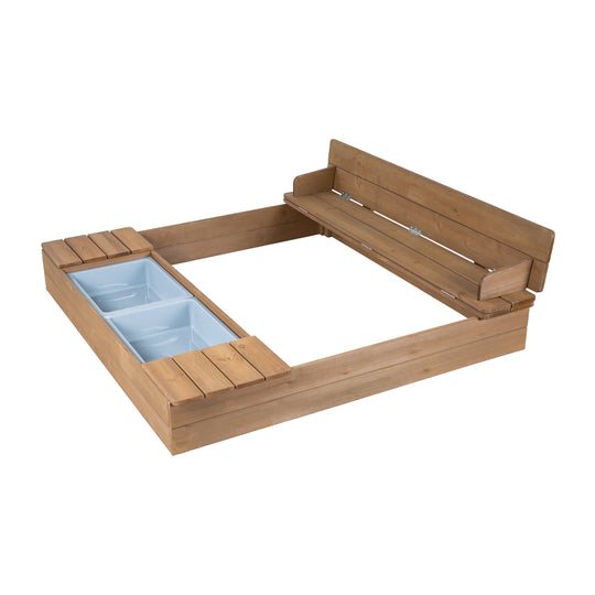 Bac à sable 'Outdoor +' teck, banc rabattable & 2 bacs de jeu inclus