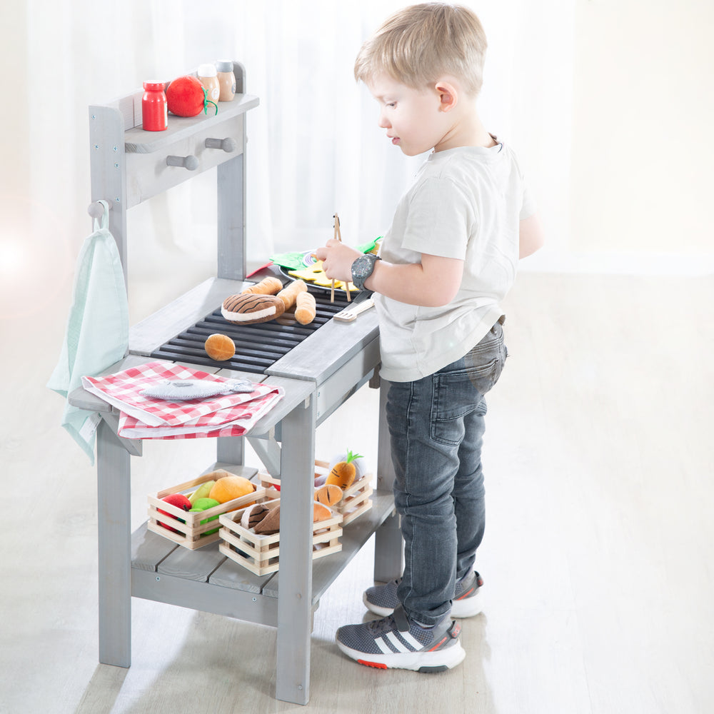 Cucina giocattolo per esterni 'BBQ', cucina da giardino resistente alle intemperie per acqua e sabbia, legno grigio