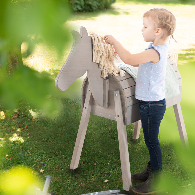 Cavallo da gioco per esterni - Con criniera e coda - Legno massiccio smaltato grigio