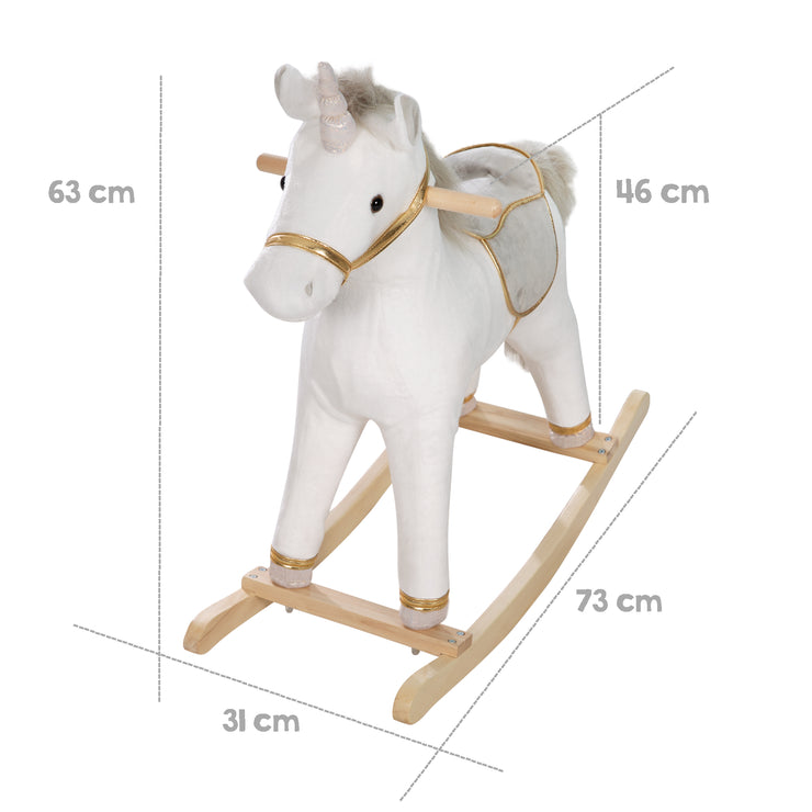 Rocking unicorn, padded, saddle and bridle in gray / gold, 63 x 31 x 73 cm, sound, from 24 months