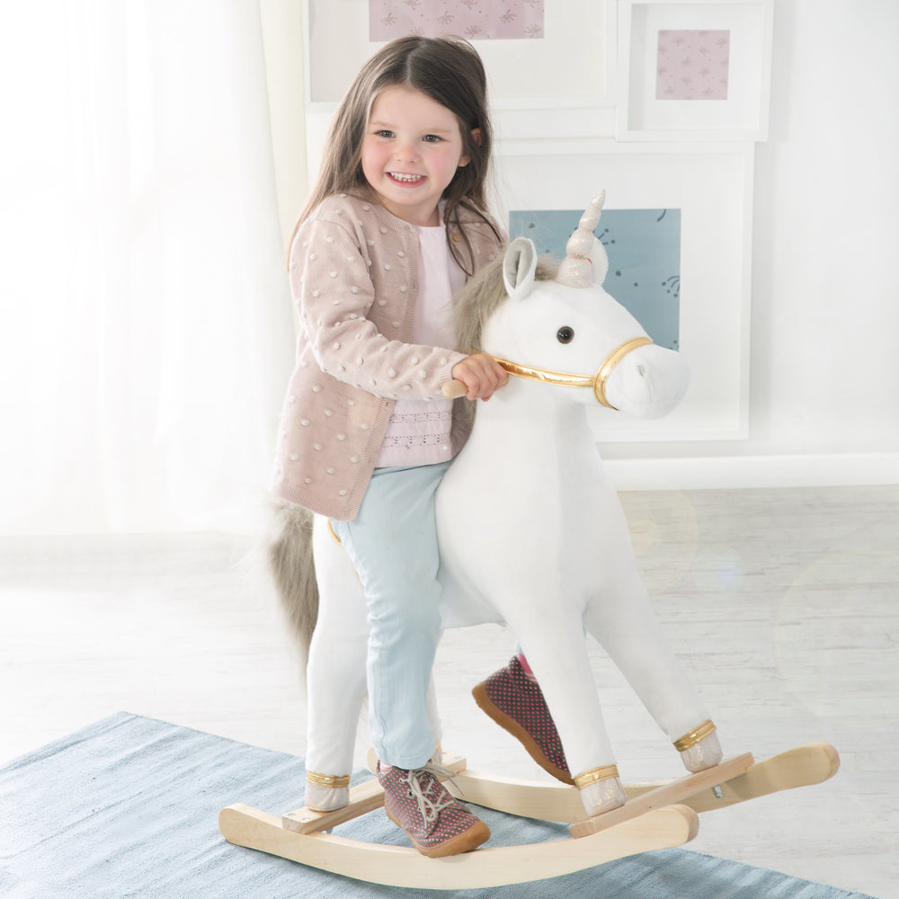 Unicornio balancín, acolchado, silla y riendas en gris/dorado, 63 x 31 x 73 cm, a partir de 24 meses
