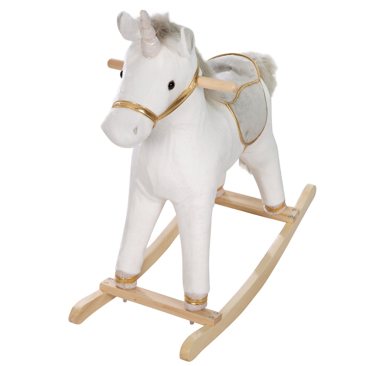 Rocking unicorn, padded, saddle and bridle in gray / gold, 63 x 31 x 73 cm, sound, from 24 months