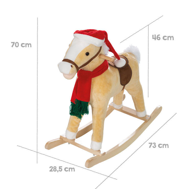 Cavallo a dondolo, con berretto e sciarpa natalizia, imbottito, sella, suono, 63x31x73cm, da 24 mesi