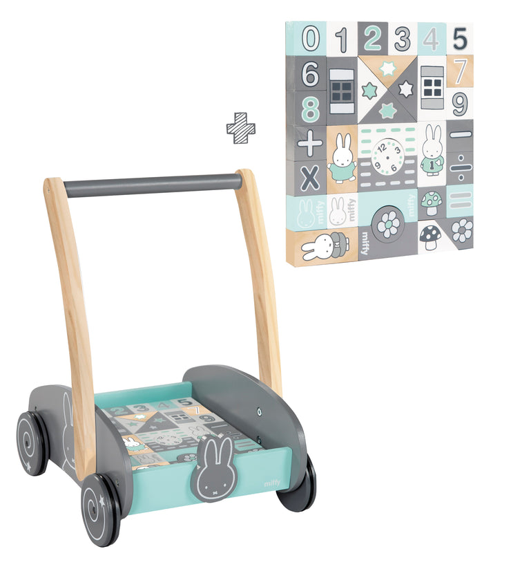 Voiture coulissante 'Miffy®' avec ensemble de blocs de construction en 35 parties, nature du bois et peinte, poignée hauteur: 45 cm