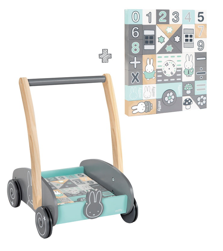 Carro deslizante 'miffy®' con juego de bloques de 35 piezas, madera natural y lacada, altura del mango: 45cm