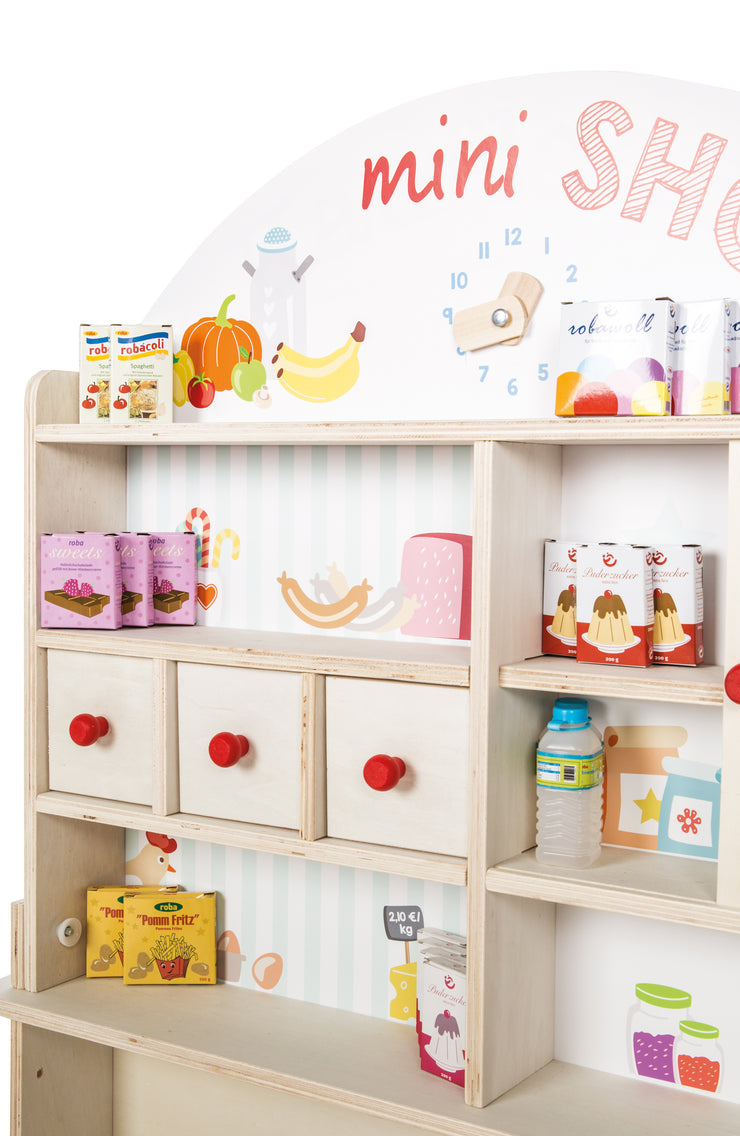 Kaufladen 'Minishop', Holz natur, mit Theke, Tafel, Schiebetür & Markststand-Druck