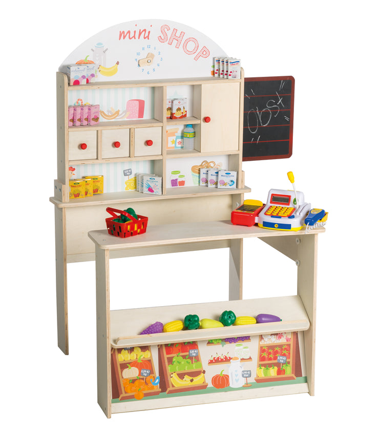 Kaufladen 'Minishop', Holz natur, mit Theke, Tafel, Schiebetür & Markststand-Druck