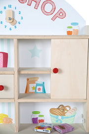 Kaufladen 'Minishop', Holz natur, mit Theke, Tafel, Schiebetür & Markststand-Druck
