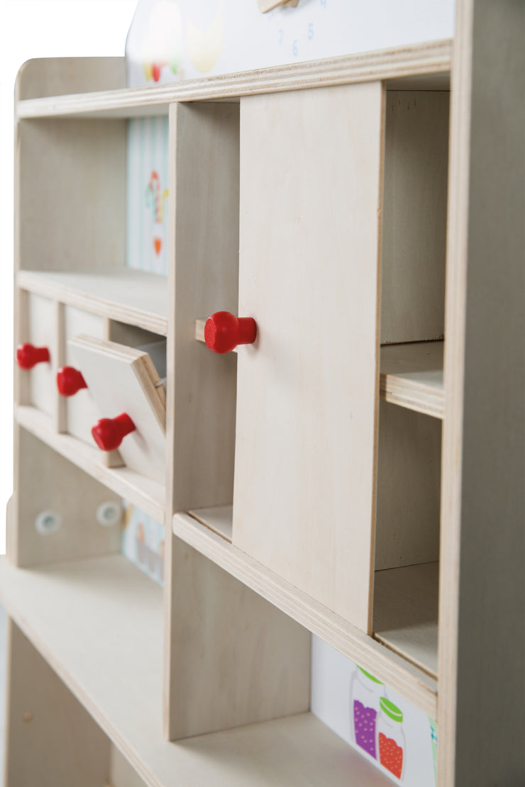 Kaufladen 'Minishop', Holz natur, mit Theke, Tafel, Schiebetür & Markststand-Druck