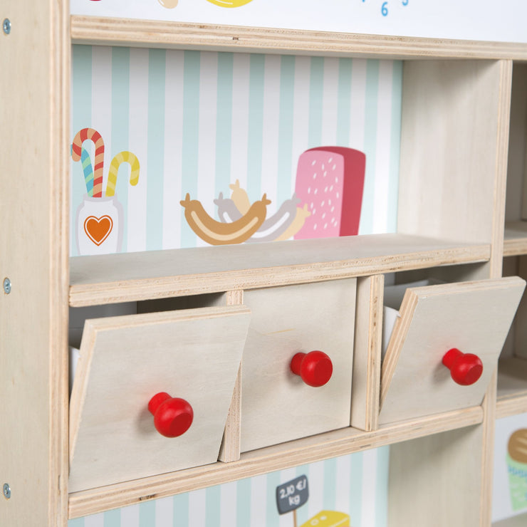 Kaufladen 'Minishop', Holz natur, mit Theke, Tafel, Schiebetür & Markststand-Druck