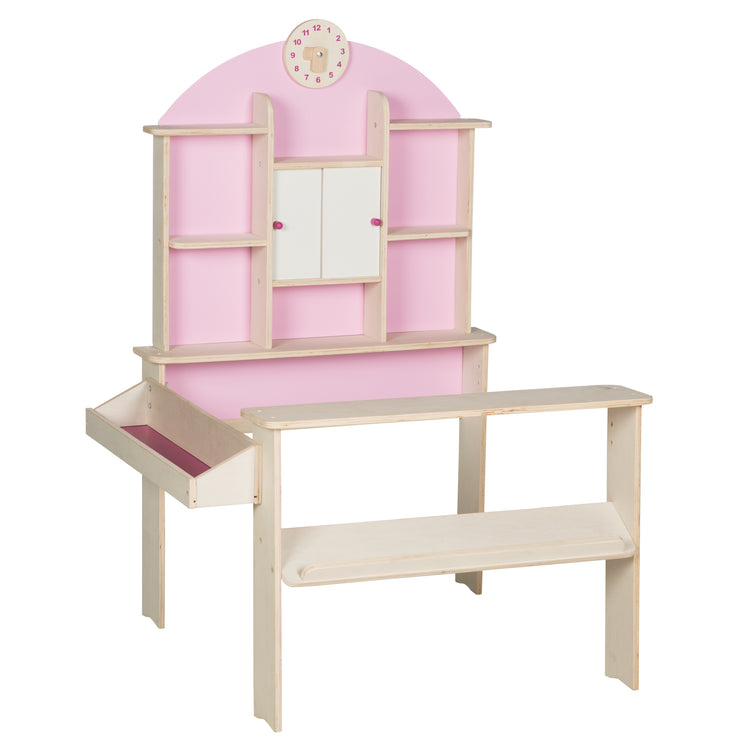 Shop Rosa, avec comptoir latéral, comptoir, horloge et deux tiroirs en bois massif clair