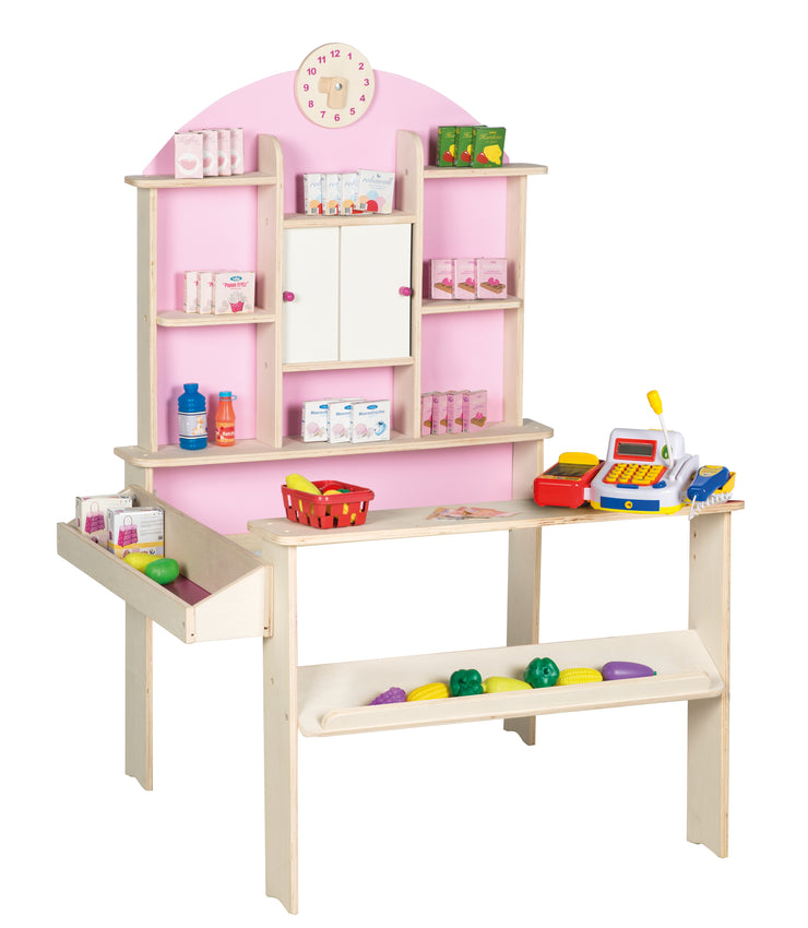 Atelier marchand pour les filles en couleur rose, y compris les pièces, la caisse de caisse électronique, le bois léger, le compartiment latéral et l'horloge